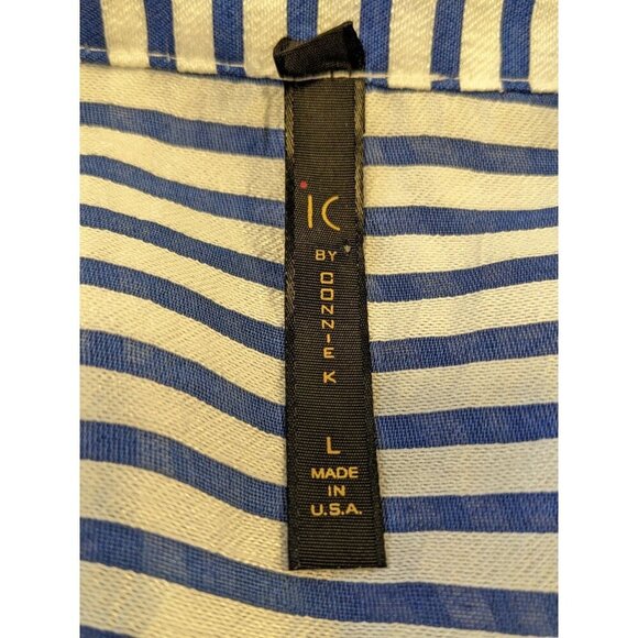 IC Connie K Button Up Shirt Blouse Womens L White Blue Striped Zippers Flax - Picture 10 of 11
